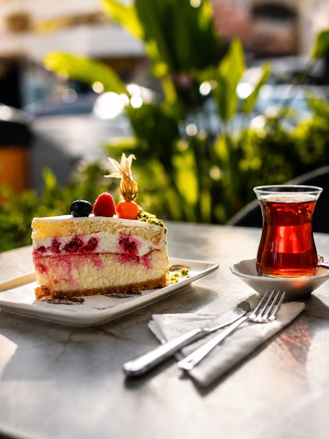 Meyveli pasta dilimi ve çay