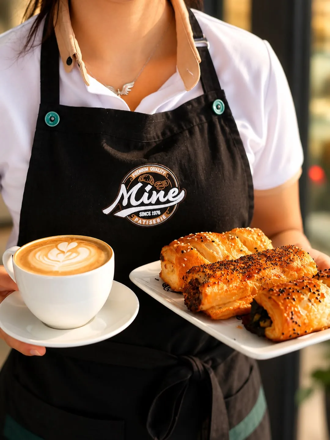 Latte ve kruvasan servis eden Mine çalışanı